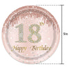 A pink plate with gold glitter detailing and the text eighteen birthday