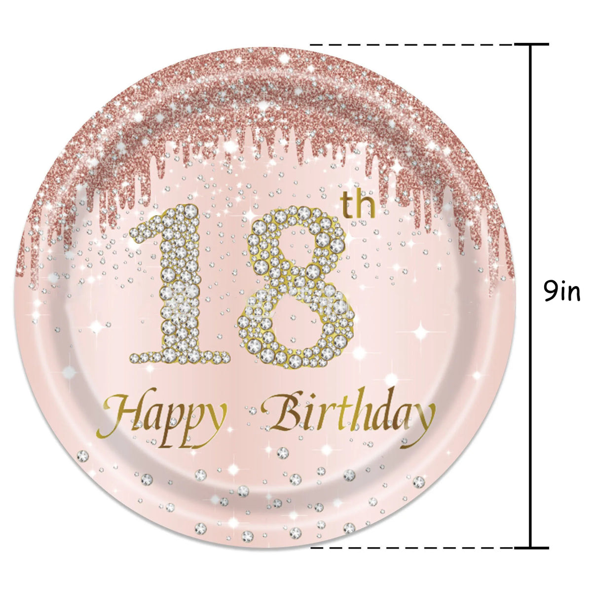 A pink plate with gold glitter detailing and the text eighteen birthday