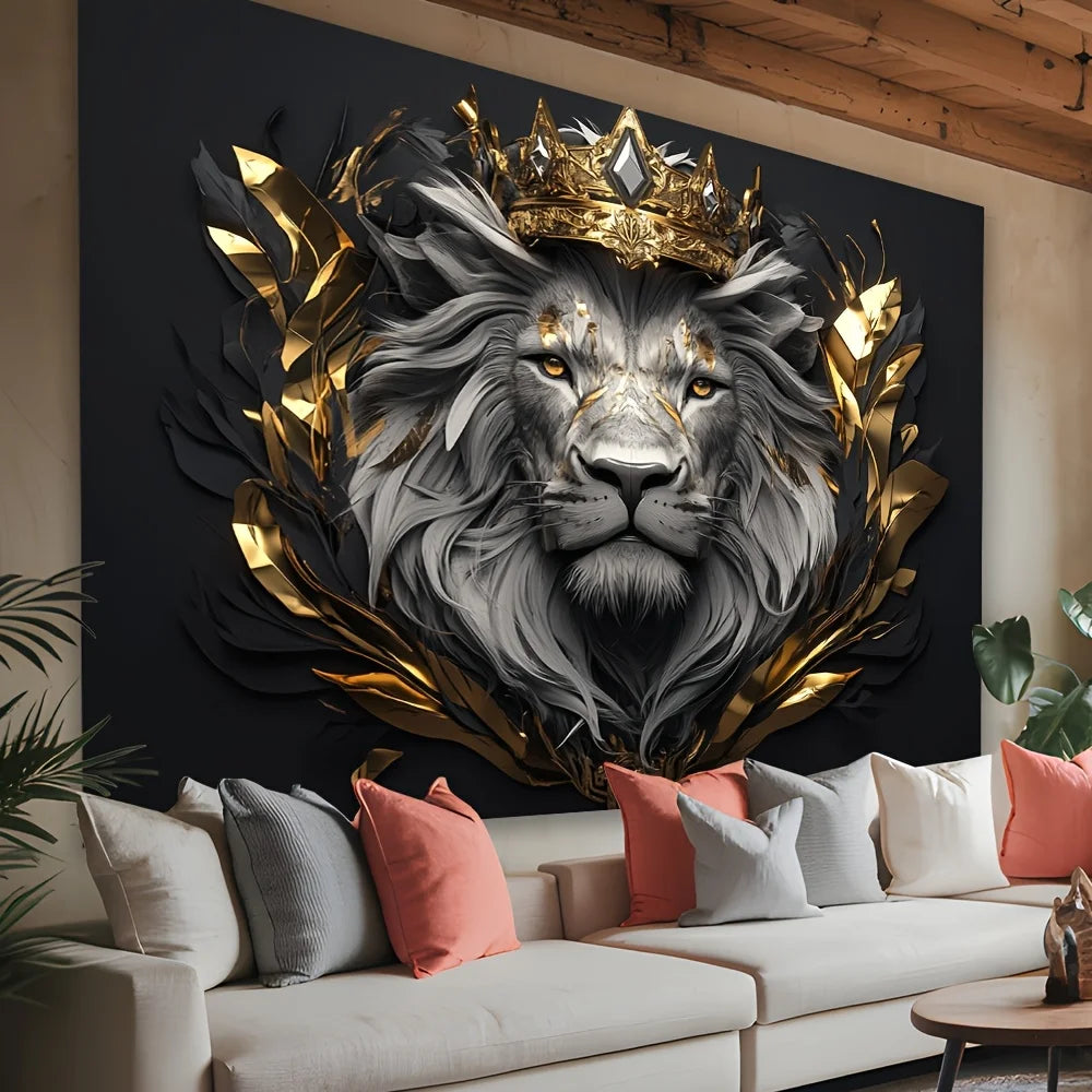 Regal Lion Crown Tapestry Wall Hanging — Vintage Black & Gold Decor