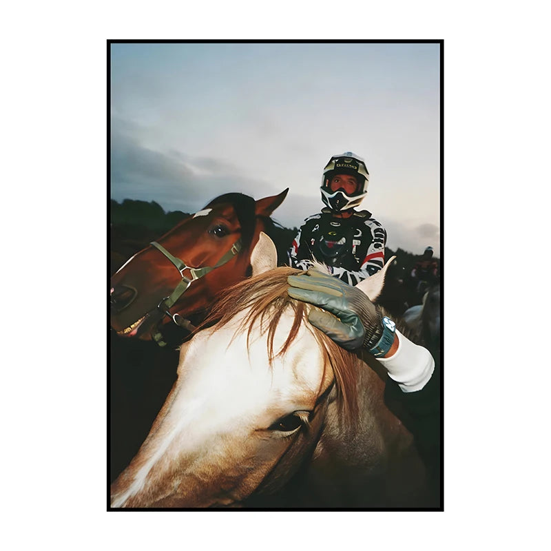 A close-up photo of a horse's head and neck with a rider wearing a helmet and protective gear.