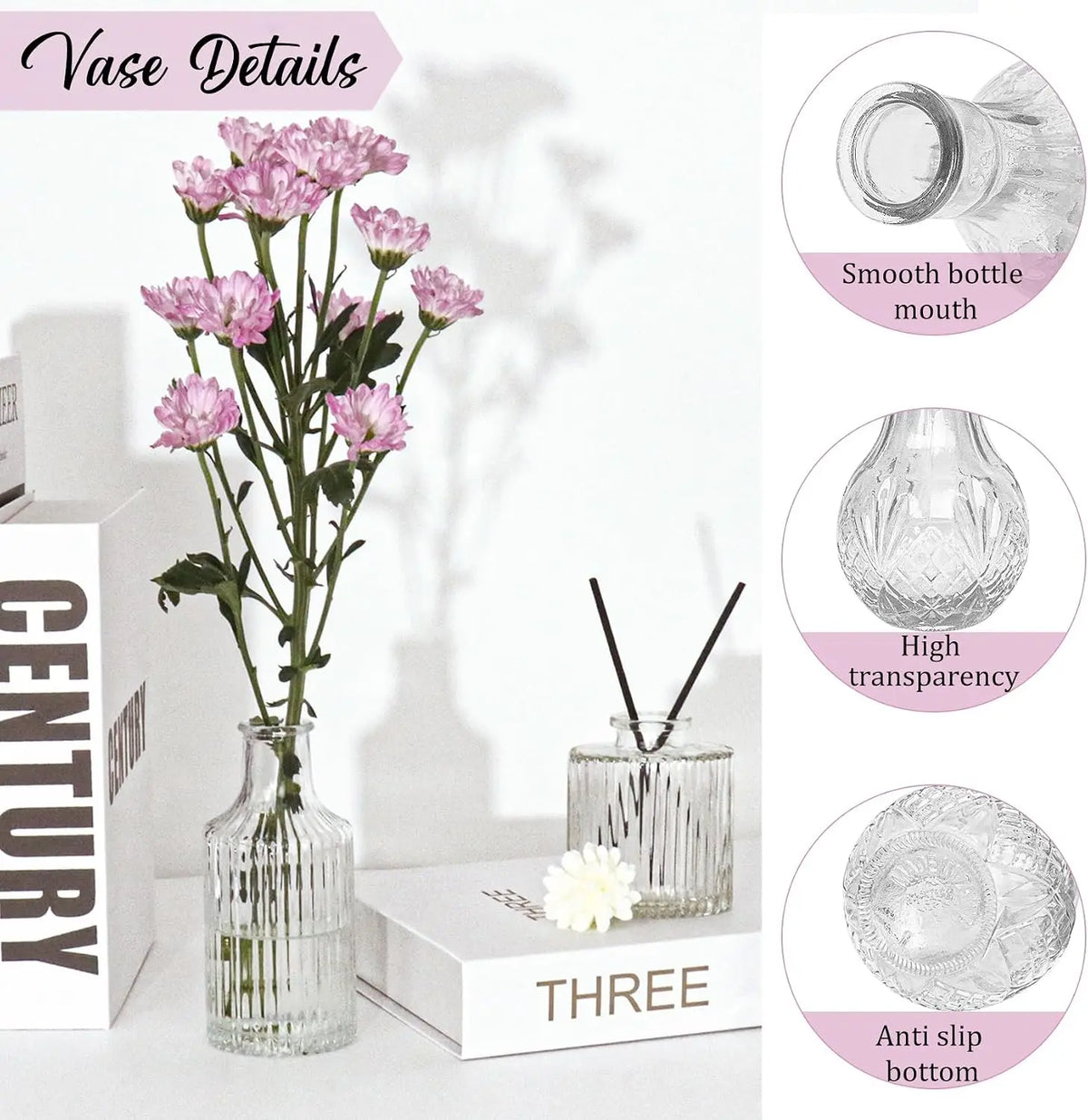 A set of vintage bud glass vases displayed on a white box with details about smooth mouth, high transparency, and anti-slip b