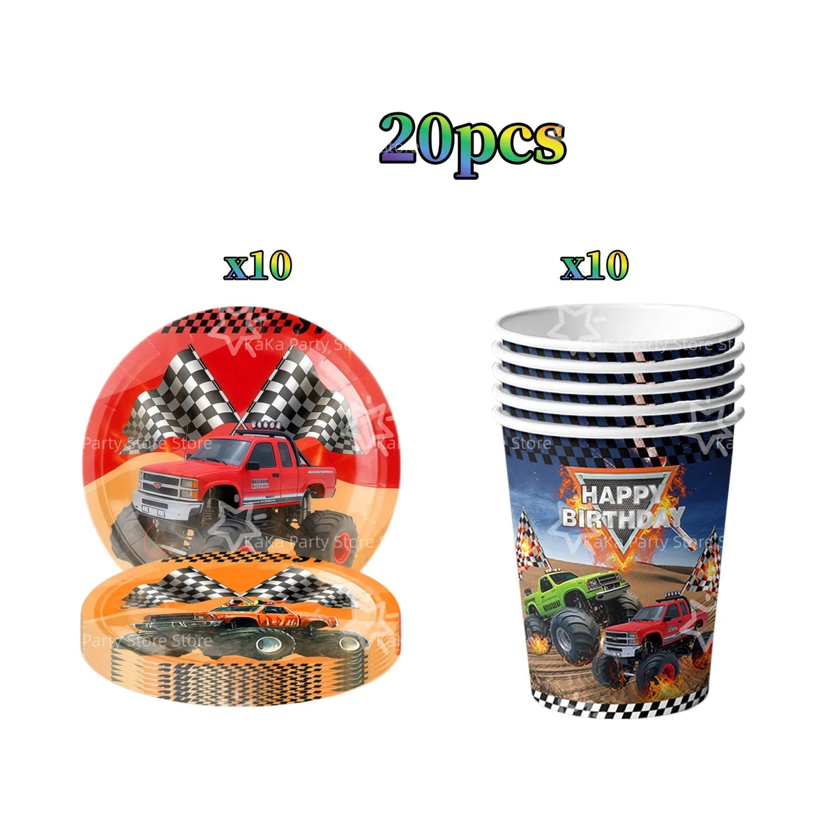 A kit for a monster truck birthday party decoration including tableware and backdrop, shown with 10 pieces.