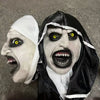 A realistic horror mask featuring pale skin, intense yellow eyes, and a black hood with white trim.