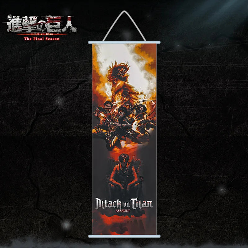 A vertical silk wall hanging featuring an illustration of characters from Attack on Titan with fiery orange and dark tones.