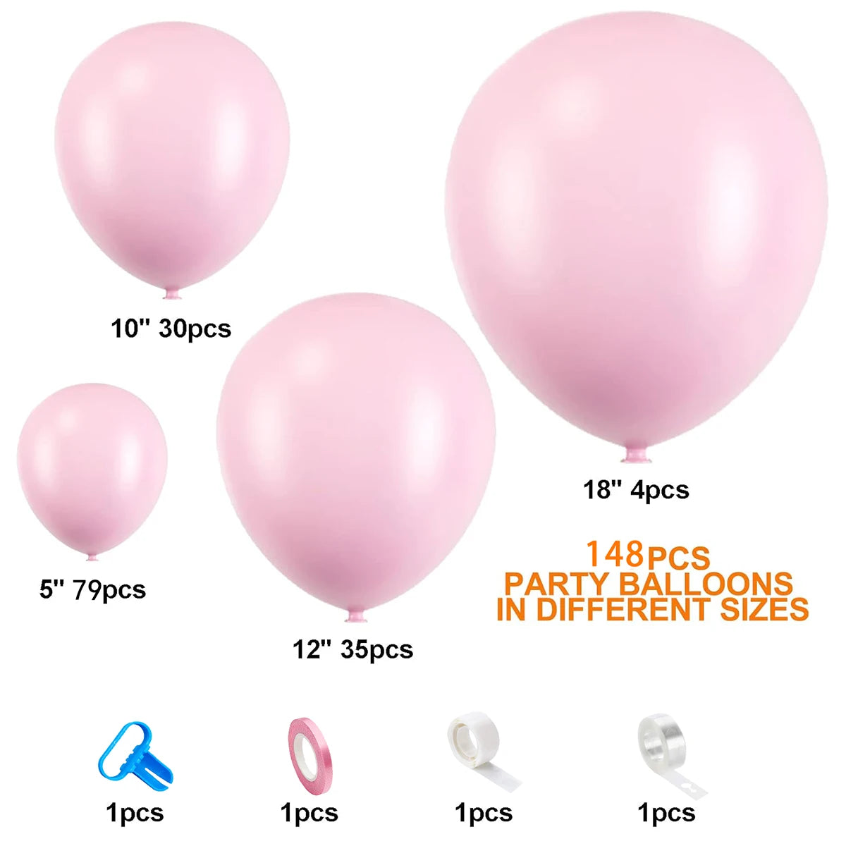 Pastellrosa Ballons in verschiedenen Größen, darunter 5, 10, 12 und 18 Zoll
