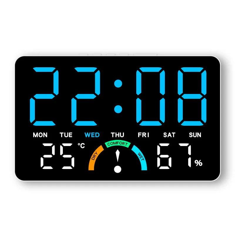 Digital alarm clock displaying 22:08 with temperature and humidity readings.