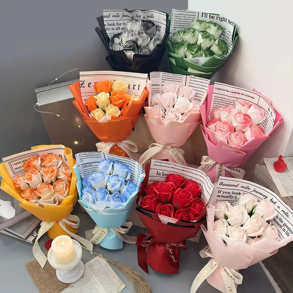 A collection of artificial rose flower bouquets in various shades of pink, orange, and white.
