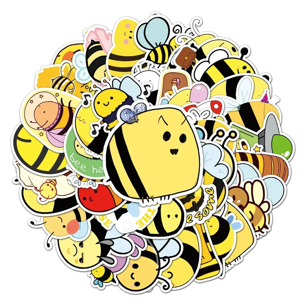 A collection of cartoon bee stickers featuring various bees and bee-related elements.