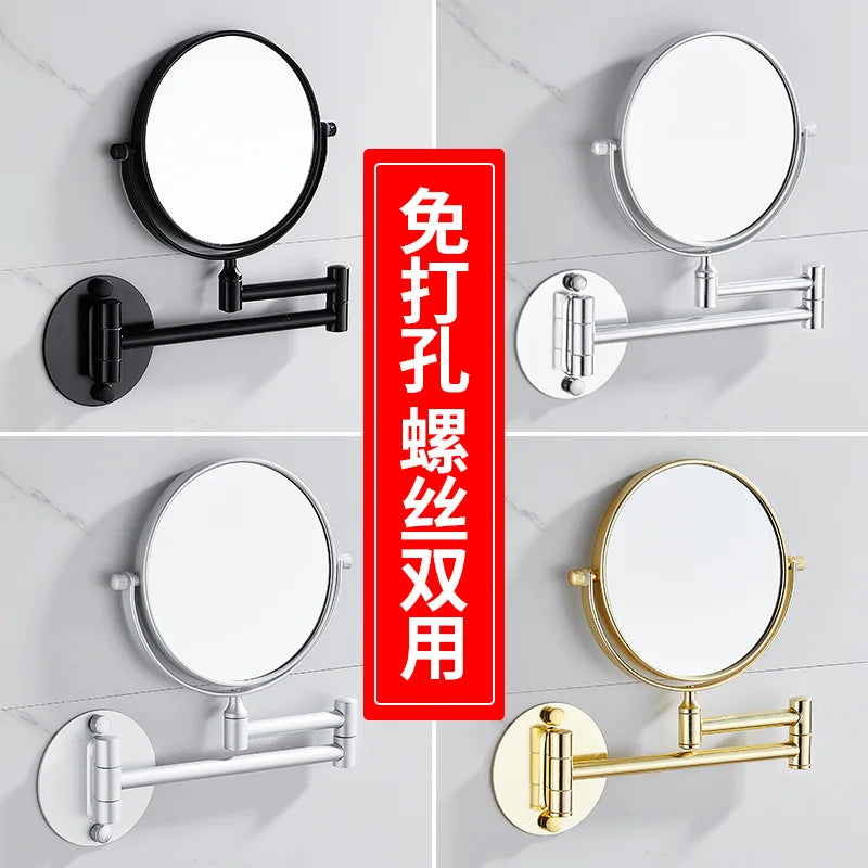 A collection of folding double-sided wall mirrors in black, silver, and gold finishes mounted on a white tile surface.