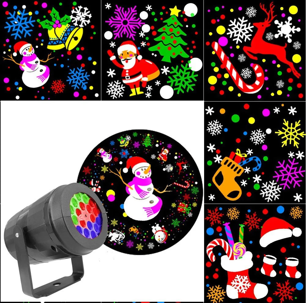 Outdoor LED projector light featuring various Halloween and Christmas patterns on a circular lens.