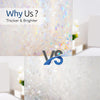 Comparison graphic showing a thicker and brighter holographic window film versus another type.