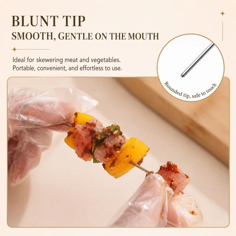 A stainless steel blunt tip skewer is used to pierce meat and vegetables on a white plate.