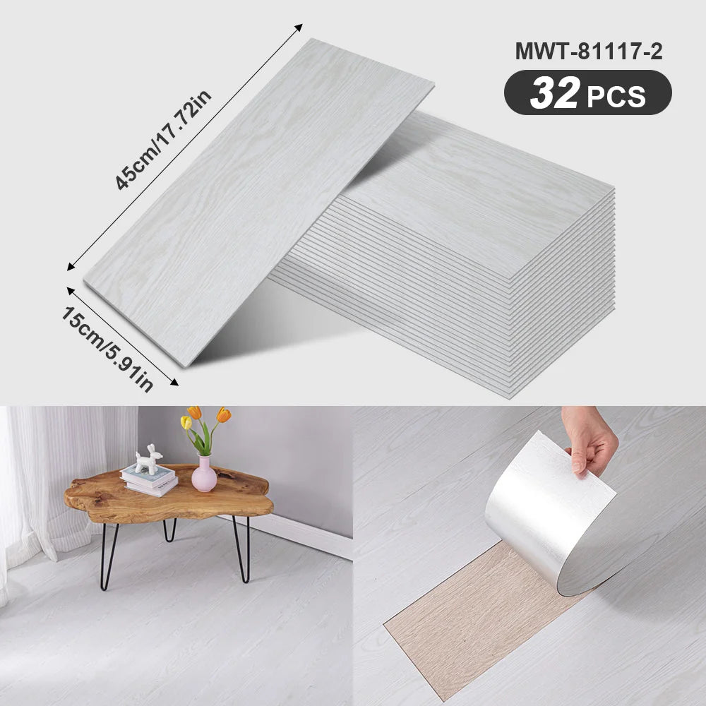 A package of 32 wood grain peel-and-stick floor and wall stickers, showing the individual sheet size.