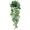 A long, cascading green artificial plant hanging from a pot for home decor