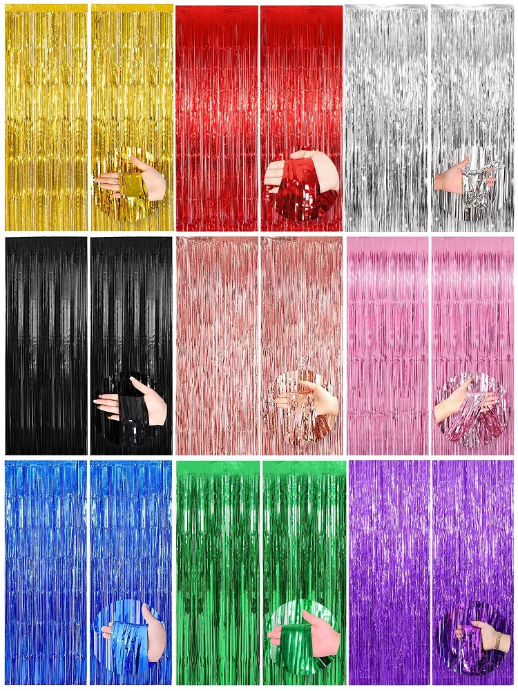A set of metallic foil fringe curtains in various colors including gold, red, silver, black, pink, blue, green, and purple, s