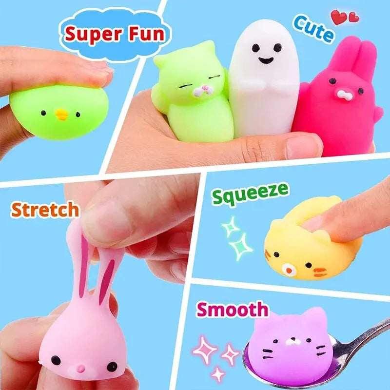 A collection of pink, green, and purple mini cartoon animal stress relief toys are shown being squeezed and stretched by hand