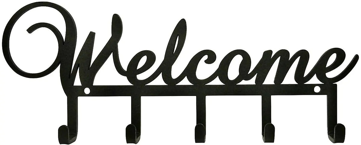 Black decorative metal wall-mounted key holder with seven hooks.