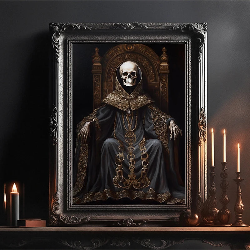A dark oil painting of a skull in a hooded figure framed in an ornate gold and black picture frame.