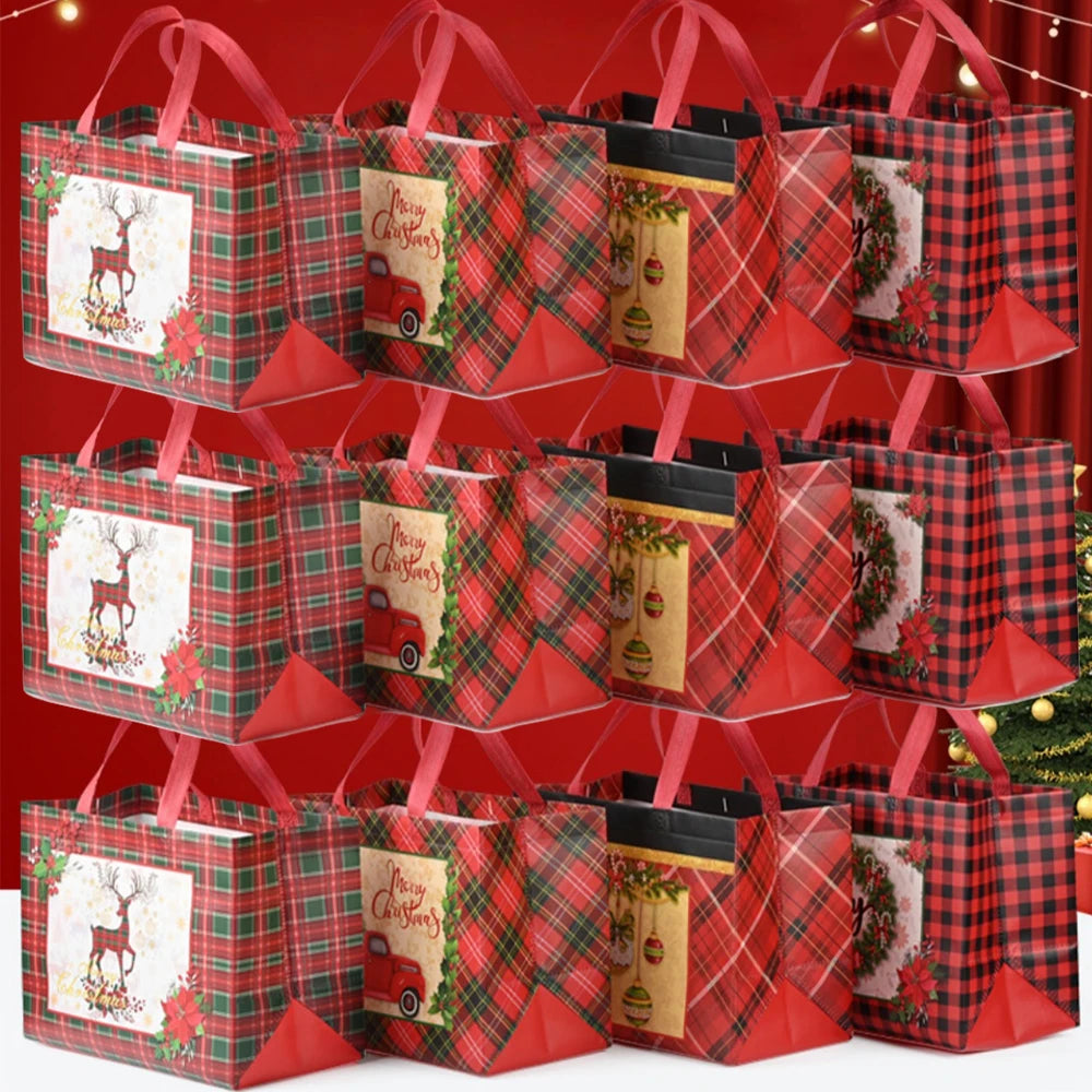 Red plaid gift bags with deer and Christmas decorations and handles for holiday wrapping