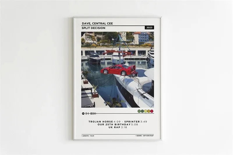 Album cover art for Split Decision by Dave, Central Cee featuring a red sports car and boat