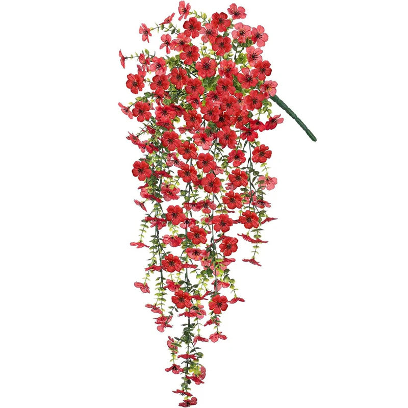 A vertical arrangement of artificial red morning glory flowers with a green stem.
