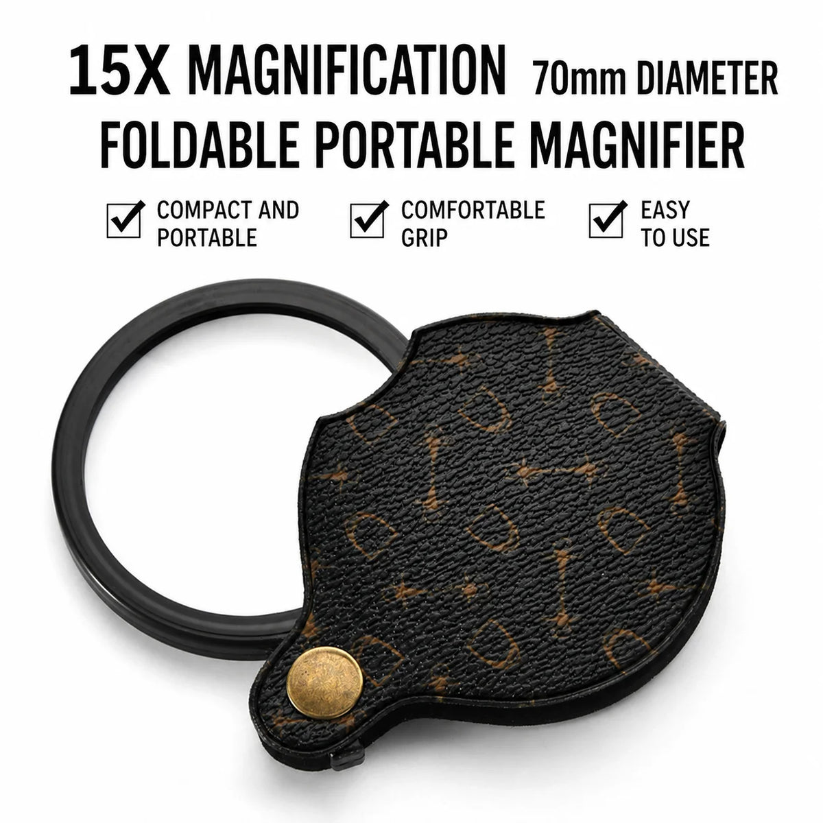 A black foldable portable magnifier with a leather case and keychain attached.