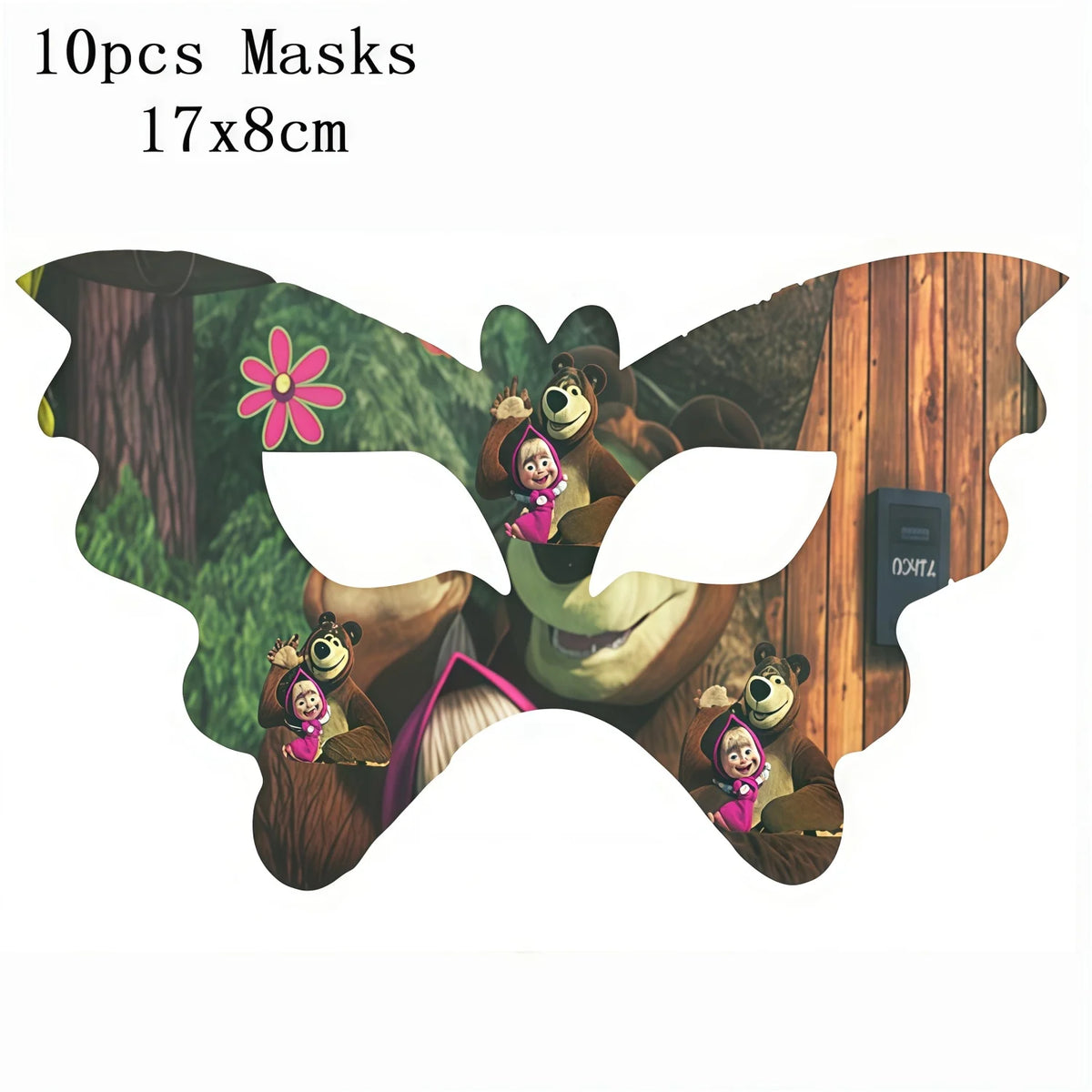 A set of 10 masks featuring characters from Masha and Bear for party decor.