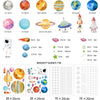 Colección de calcomanías de estrellas y planetas que brillan en la oscuridad en varios tamaños y formas.