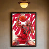 A vibrant poster featuring a depiction of Dennis Rodman playing basketball, rendered in red and white tones.