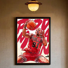 A vibrant poster featuring a depiction of Dennis Rodman playing basketball, rendered in red and white tones.