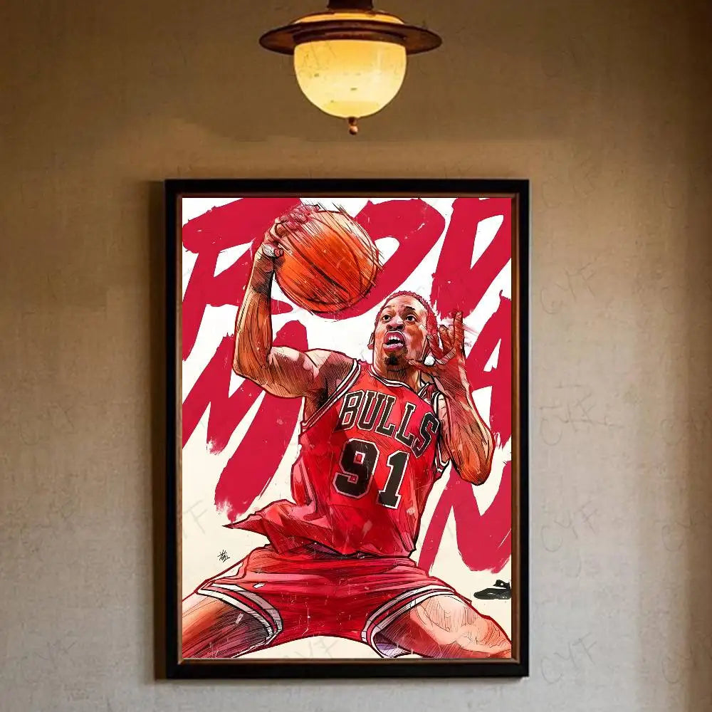 A vibrant poster featuring a depiction of Dennis Rodman playing basketball, rendered in red and white tones.