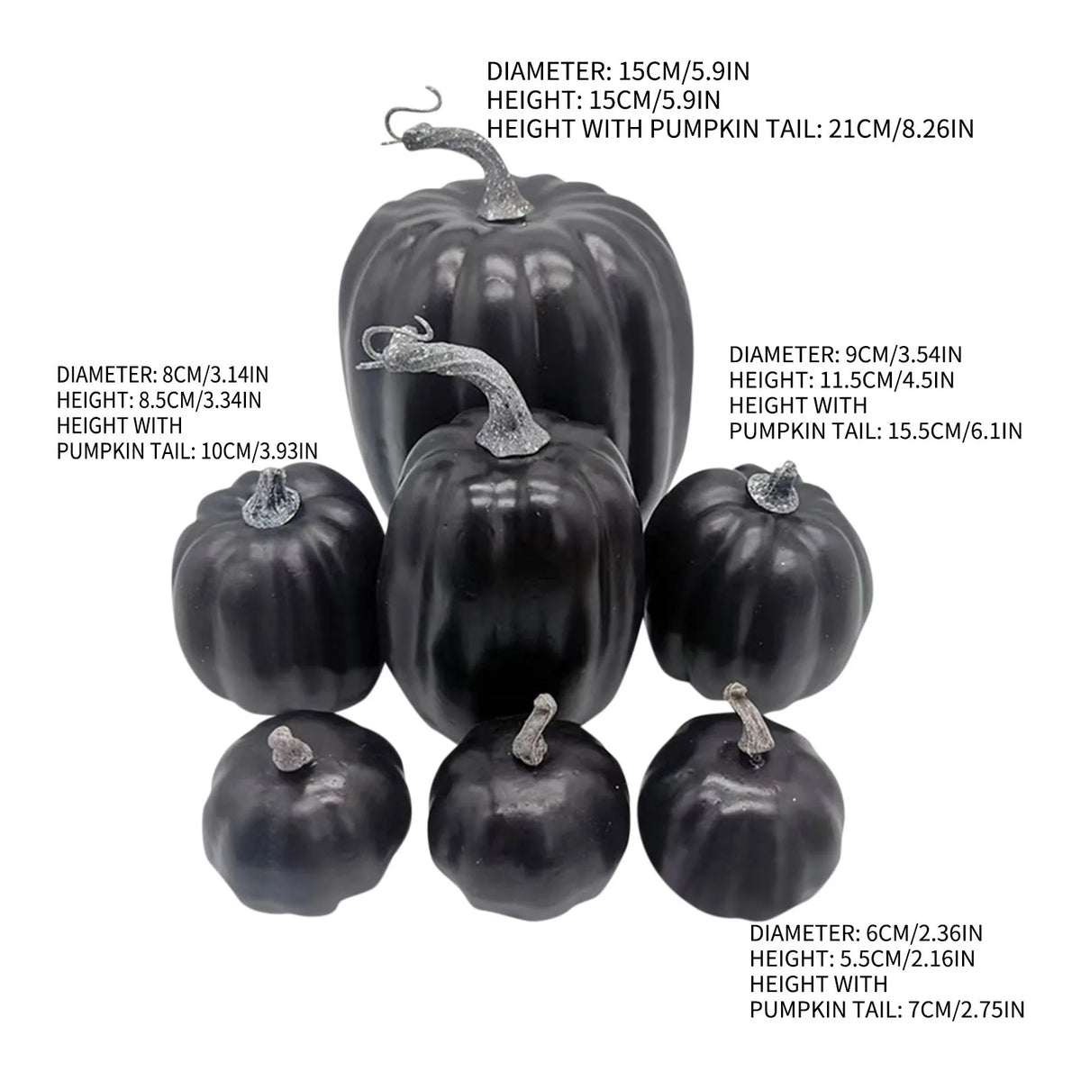 Set of seven artificial black pumpkins with pumpkin tails for fall and Halloween decoration