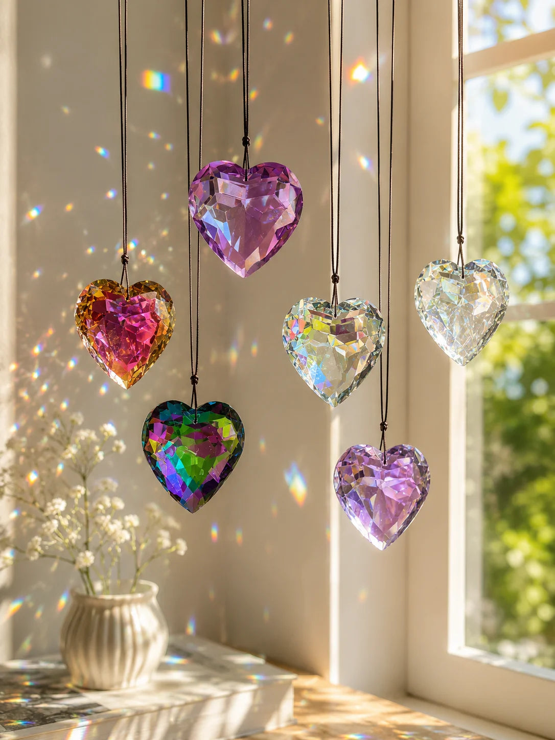 A collection of iridescent crystal heart pendants hanging in front of a bright window.