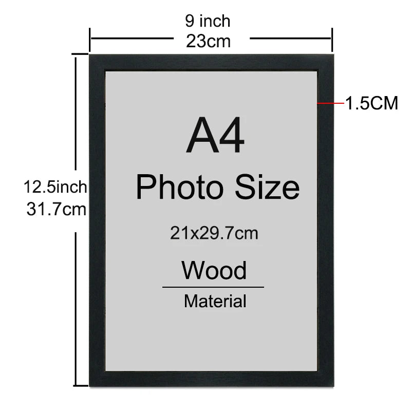 A black wooden picture frame with an A4 photo size insert and a wood material label.