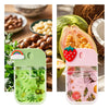 A pink and green moisturizing hand sanitizer spray bottle with a strawberry fragrance and a lime coconut fragrance.