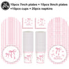 Pink bow disposable party tableware set including 7 inch and 9 inch plates, cups, and napkins