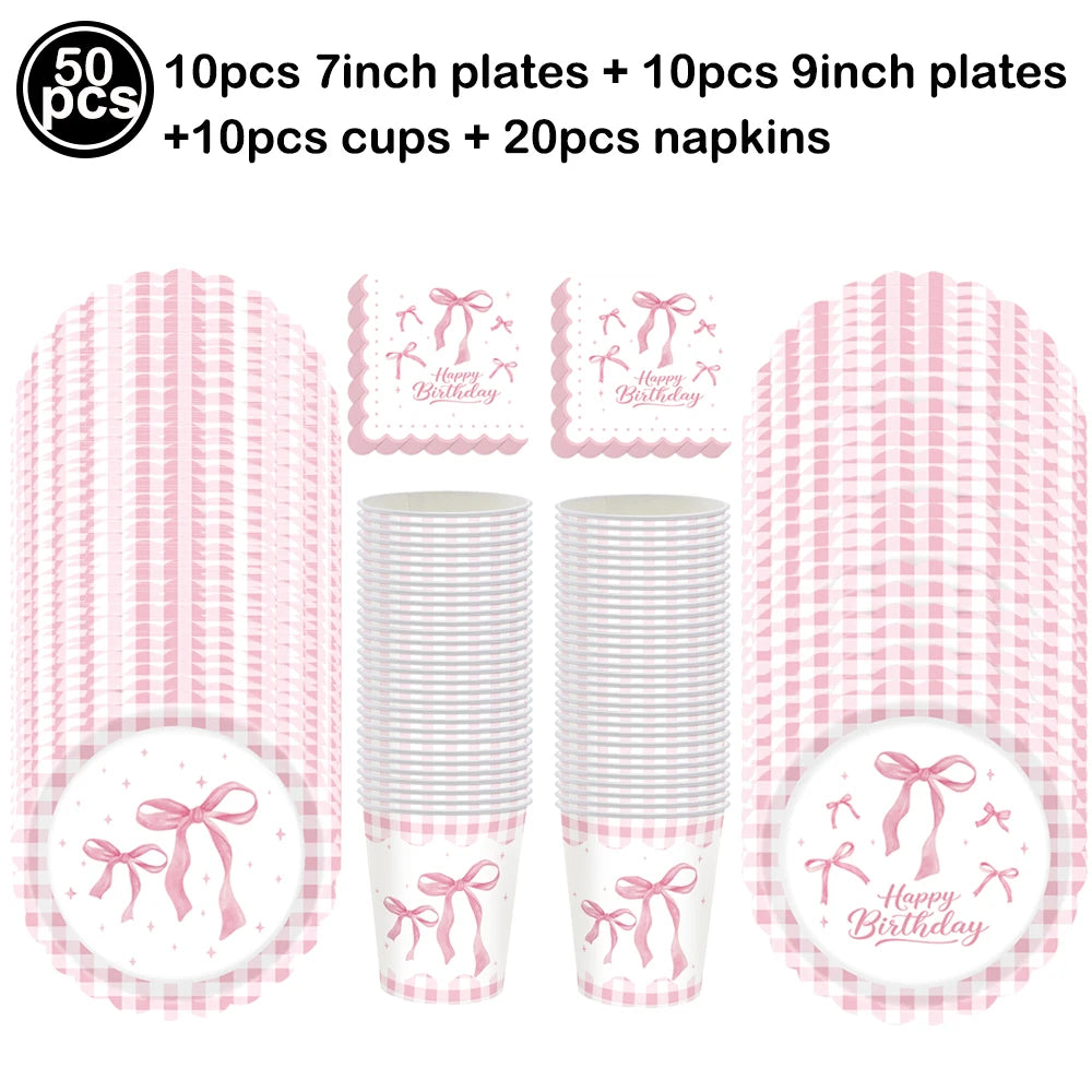 Pink bow disposable party tableware set including 7 inch and 9 inch plates, cups, and napkins