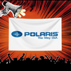 A white banner featuring the Polaris logo and text The Way Out on a red, radiating background with a hand megaphone in the up