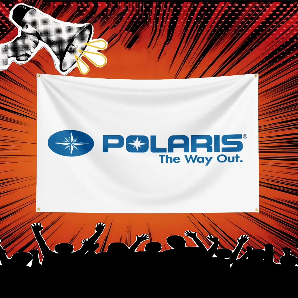 A white banner featuring the Polaris logo and text The Way Out on a red, radiating background with a hand megaphone in the up
