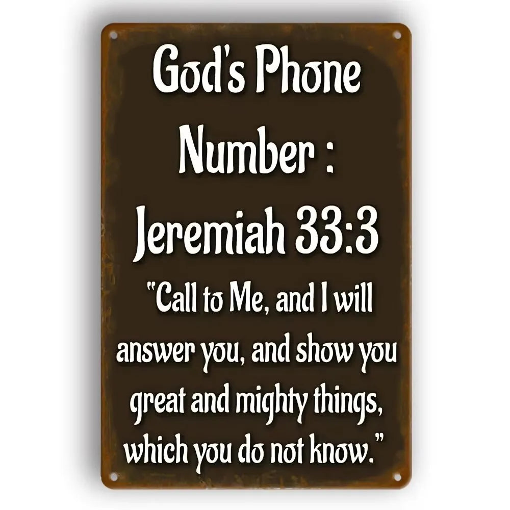 A dark brown metal sign with white text displaying the Bible verse Jeremiah 33:3