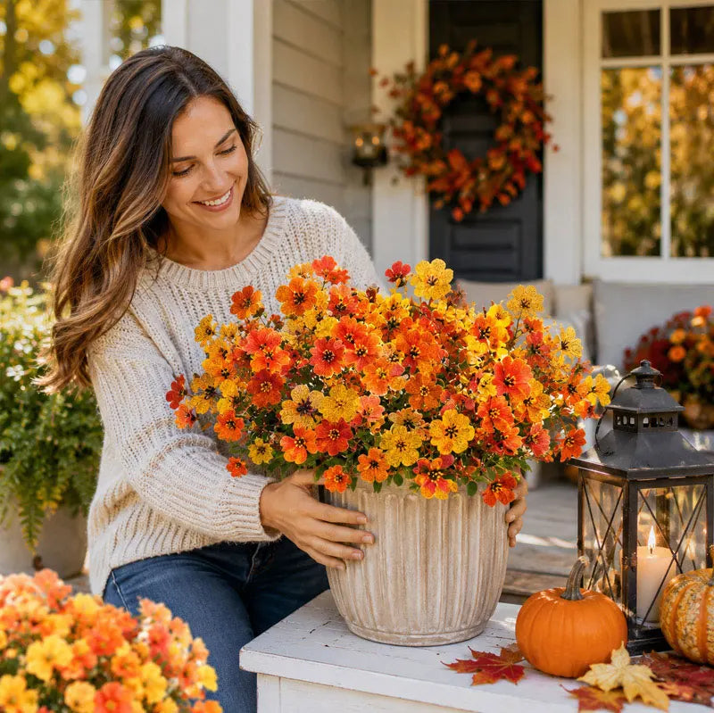 A woman holds a large bouquet of vibrant artificial pansy flowers in a pot on a white surface.