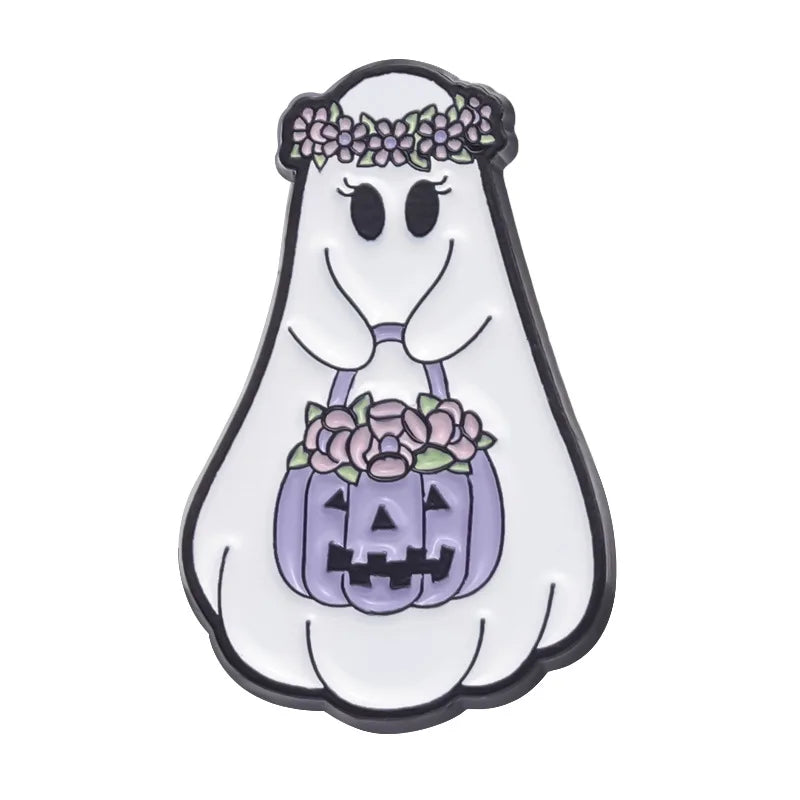 Halloween Enamel Pins Set - Cute Ghost, Black Cat, and Pumpkin Brooches for Kids