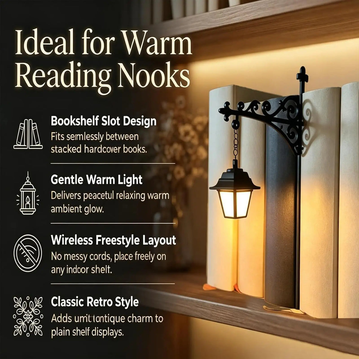 مصباح رف كتب قديم يعمل بتقنية LED بقوس حديدي أسود، يضيء كتبًا مغلفة مكدسة على رف خشبي.
