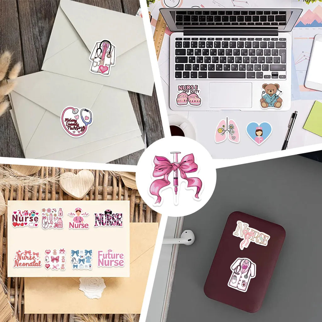 A collection of pink bow nurse graffiti stickers for laptops, water bottles, and DIY projects.