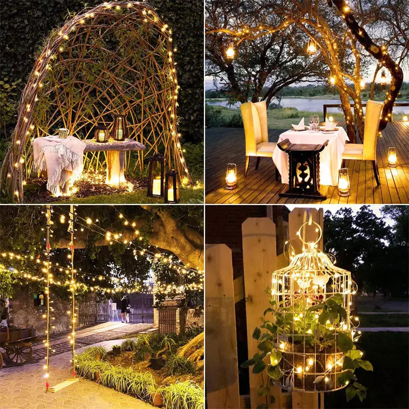 A display of solar-powered fairy string lights decorating a wooden archway and outdoor area.