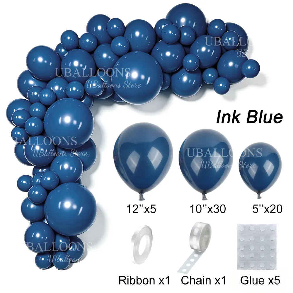 A collection of blue latex balloons, ribbon, chain, and glue for party decor.