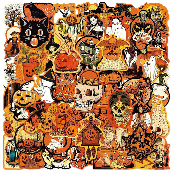A collection of retro Halloween pumpkin stickers featuring various spooky and autumnal designs.