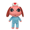A plush toy resembling an animal with pink skin, large eyes, and a white hat with a red cross on top.