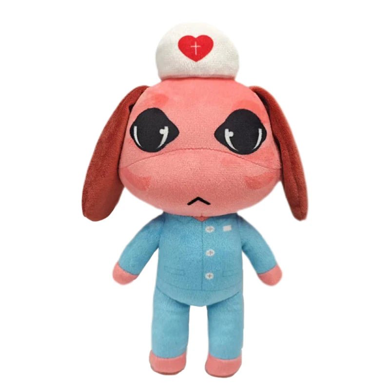 A plush toy resembling an animal with pink skin, large eyes, and a white hat with a red cross on top.