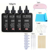 UV resin bottles and tools for curing jewelry making including a pink applicator, silicone mats, and hand tools